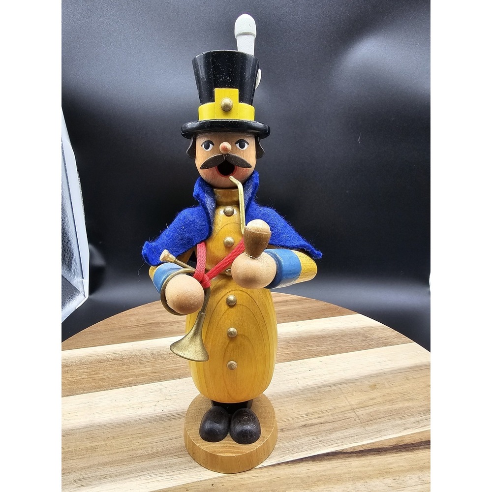 Vintage Erzgebirge Wooden Smoker Figurine Incence Burner Man With Horn And Pipe